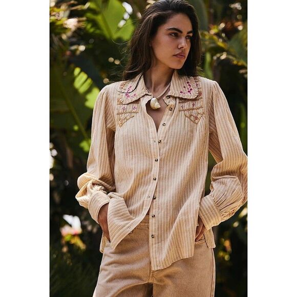 Free People Smocked Button-Down Shirt Top Striped Floral Embroidered S 279281 - Picture 1 of 9